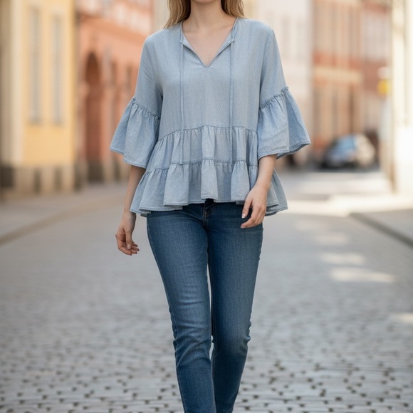 AP Adyson Parker Tops - AP Adyson Parker Boho Light Blue Ruffle Hem Chambray Peplum Women's Top Size XL